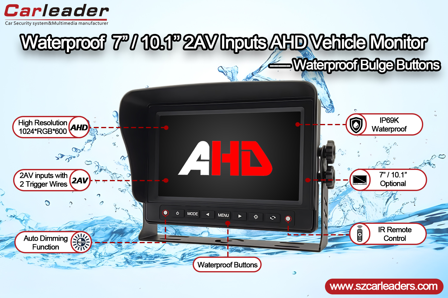 7-Zoll-AHD-IP69K-Auto-Rückansicht-wasserdichter Monitor