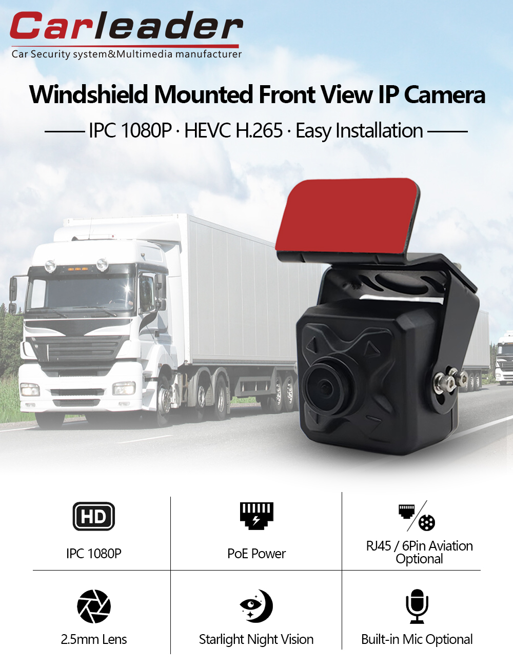 Neue Windschutzscheibe montierte IP -Kamera vorne Ansicht